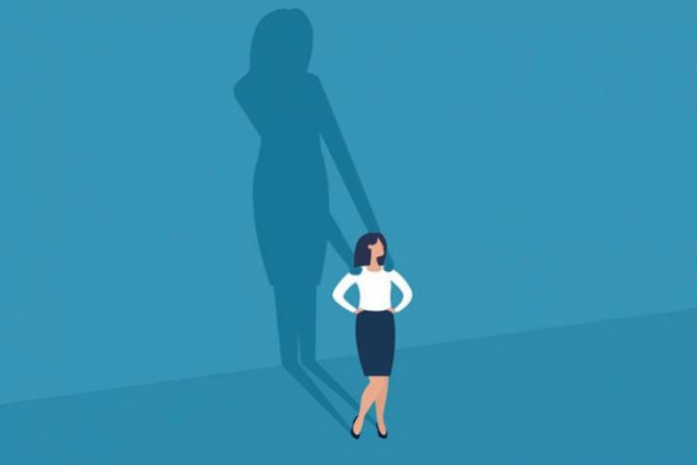 illustration of a business professional standing with a shadow behind her putting its hands on her shoulders.