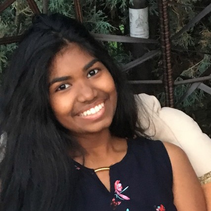 environmental portrait of student Saranya Dadi.