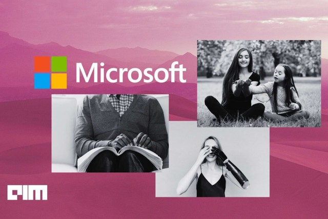 Microsoft logo and three black and white photos of people with disabilities. 