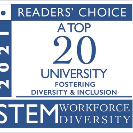graphic for 2021 STEM workplace diversity reader's choice: a top 20 university fostering diversity and inclusion.