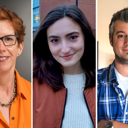 side-by-side portraits of Professor Susan Lakin, student Gia Caruso, and alumnus Matt Olpinski.