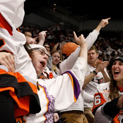 hockey fans cheering at a game.