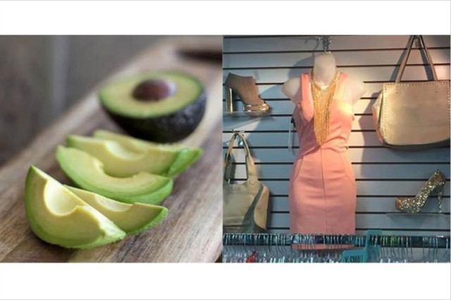 side-by-side images of a sliced avocado and a dress on a mannequin.