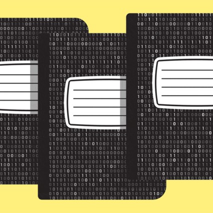 illustration of three composition notebooks with a pattern of zeros and ones on the covers.