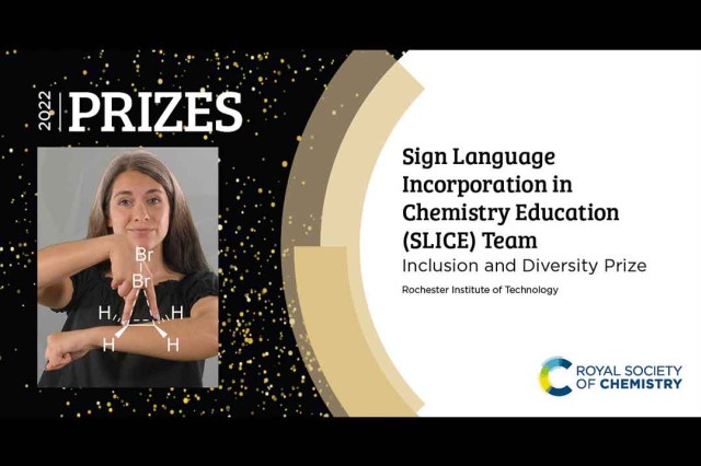 graphic shows person using sign language and the words: sign language incorporation in chemistry education team.