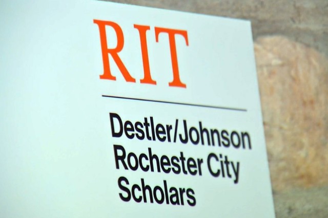 sign reads RIT Destler Johnson Rochester City Scholars.
