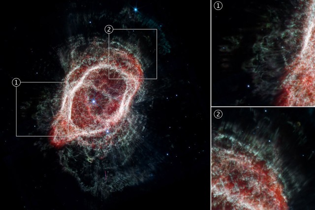 rings of gas and dust around a nebula in space, with two inset images showing the detail of the dust rings.