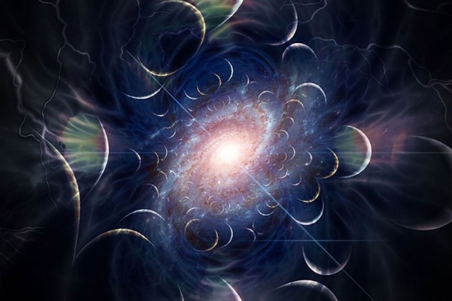 illustration of the milky way galaxy with bubbles of light coming out of the center.