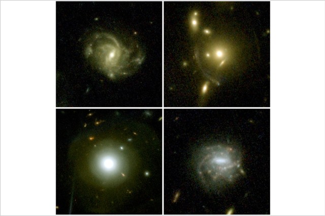 four images of galaxies that show swirls and clumps of stars.