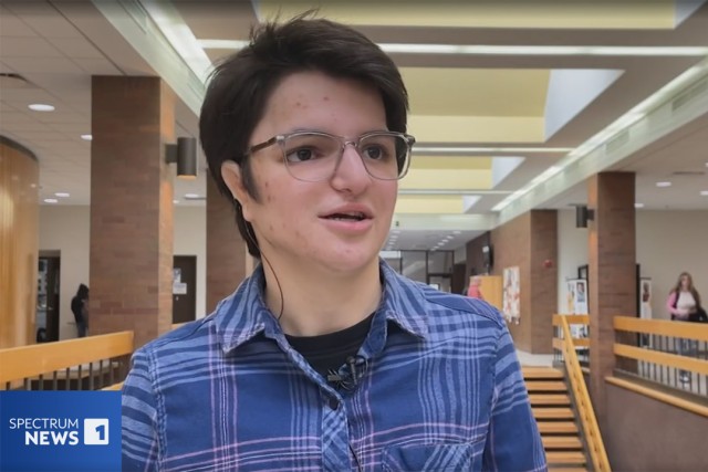 screenshot of a TV news report showing an R I T student.