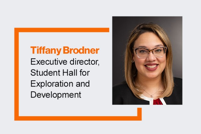 graphic with portrait of Tiffany Brodner, executive director, Student Hall of Exploration and Development.