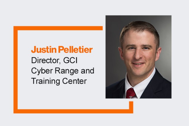 graphic with portrait of Justin Pelletier, director, G C I cyber range and training center.