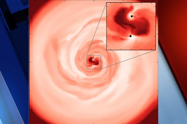 computer simulation depicting two black holes orbiting each other in a magnetized gas cloud, moments before merging