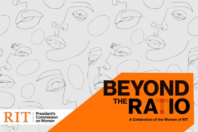 an illustration of womens faces as line drawings appear in the background of a poster that reads BEYOND THE RATIO in the lower right corner