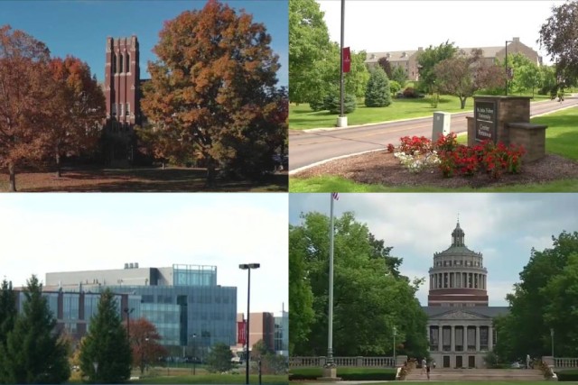 Four college campus landscapes, with tall buildings and green trees. 
