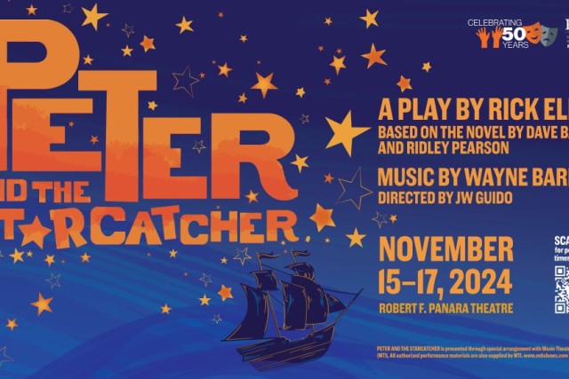 Poster for Peter and the Starcatcher with blue background with drawing of a sailing ship and stars with information about the play in orange and a QR code.