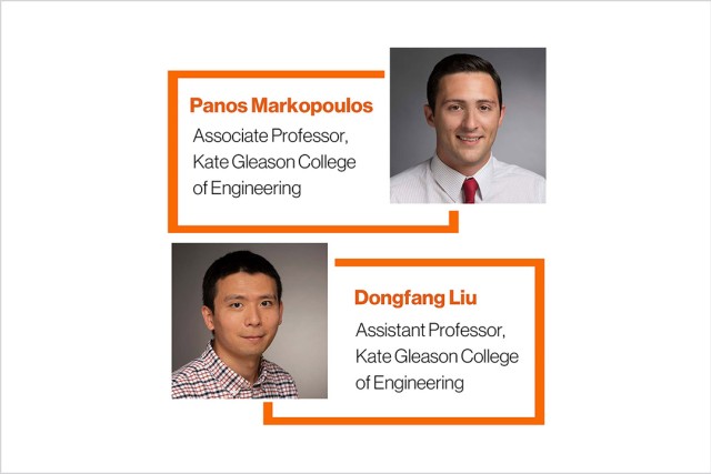 R I T faculty members, Panos Markopoulos and Dongfang Liu with graphics listing their titles.