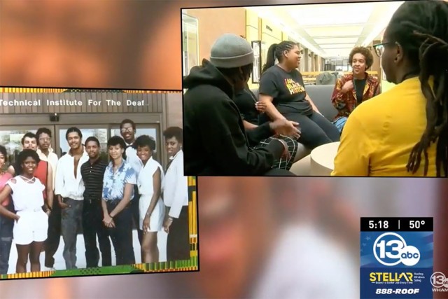 A news broadcast screenshot features two images: one of a historical group photo outside the National Technical Institute for the Deaf, and another of a modern group of young people engaged in conversation. The news station logo, time, temperature, and advertisement for a roofing company are visible in the bottom right corner.