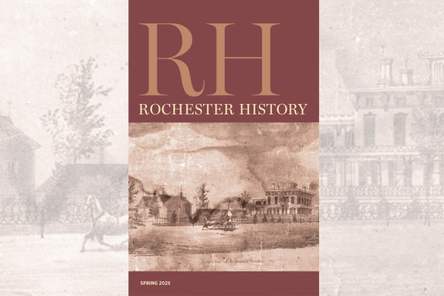 a photo of the cover of Rochester History magazine in maroon and cream coloring, with large R and H letters at the top and an old time photo of Rochester below it.