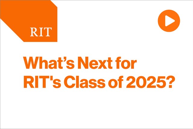 The image features a clean, white background with text prominently displayed in orange. In the upper left corner, an orange rectangle with a diagonal cutout shows the acronym R I T in white letters. Below, in bold orange text, are the words What's Next for RIT's Class of 2025? centered on the image, drawing attention with its vibrant color and clear typography.