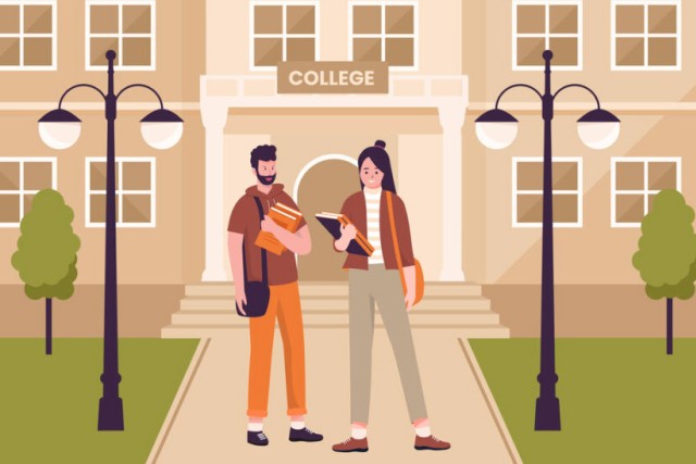 an illustration of two people standing with books on a college campus.