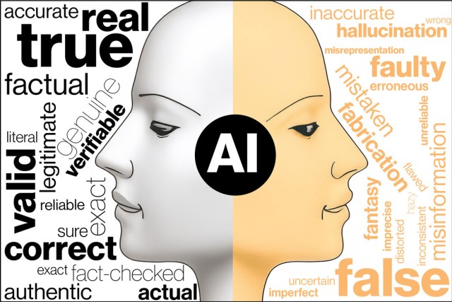 an illustration of a facial profile facing both front and back with words representing A I lying surrounding it.