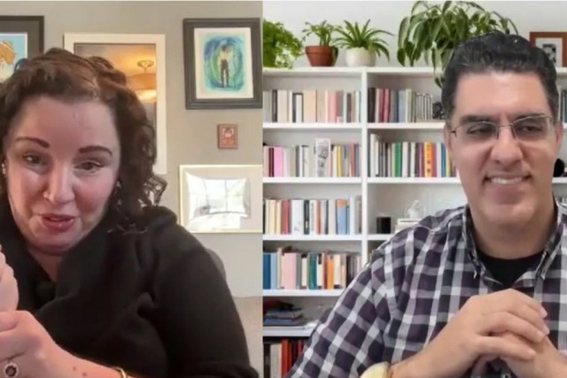 a split screen showing a man with glasses and a woman with curly hair speaking over a virtual conference system.