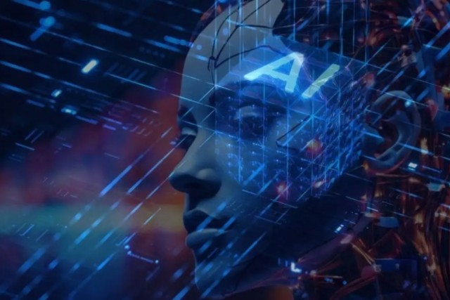 a computer generated image of a robotic face with the letters AI floating over it.