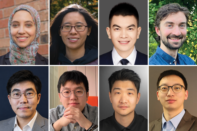 A photo collage with 8 equal boxes in 2 rows of 4 featuring headshots for each of the new eight faculty members in the College of Engineering at RIT.