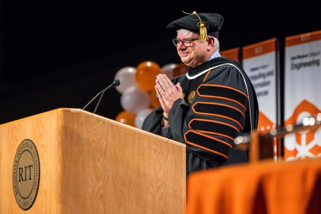 RIT President Bill Sanders welcomed first-year students during Fall Convocation for New Students in the Gordon Field House and Activities Center.