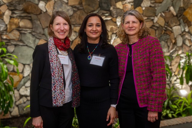 From left to right, Prof. Suzanne McCaffery, Dept. Chair Archana Jain, and Dean Jacqueline Mozrall