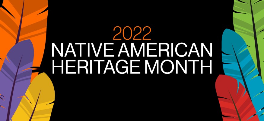 black background with various colored feathers and white and orange text