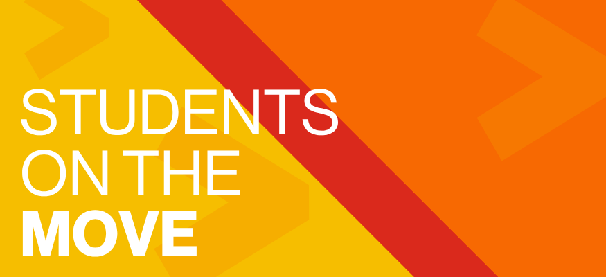 Yellow and orange graphic with the textL Students on the move