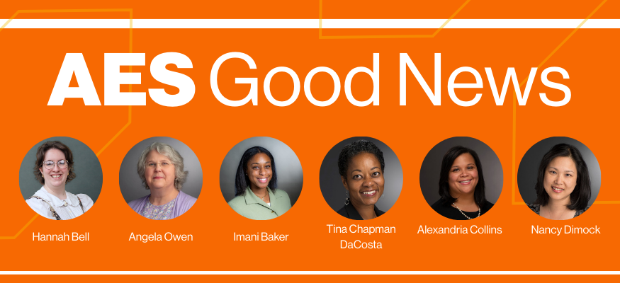 Banner image with text of AES Good News and the pictures of 5 people 