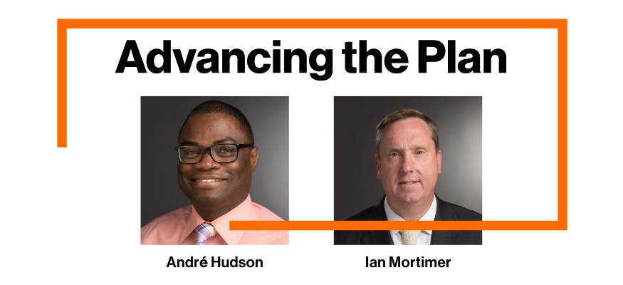 white background with black text, orange shape and two headshots