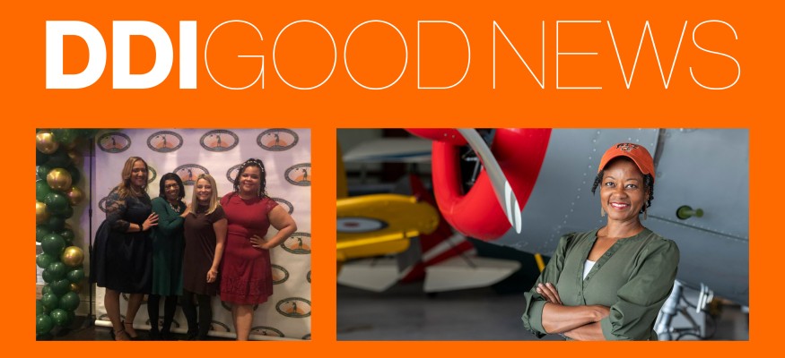 orange background with white text and two photos of women