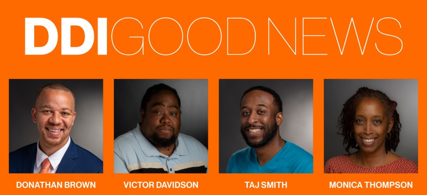 Orange background with square headshots and white text