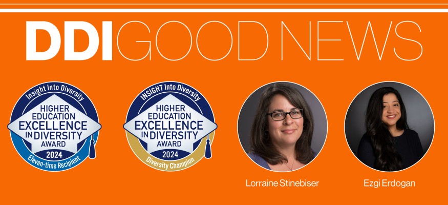 Orange background with white text, two graphics and to round headshots