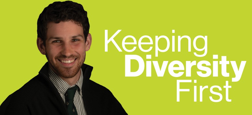 Green background with headshot on left side and white text on right side