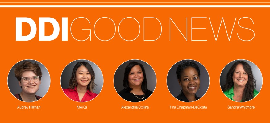 orange background with round headshots, white lines and white text