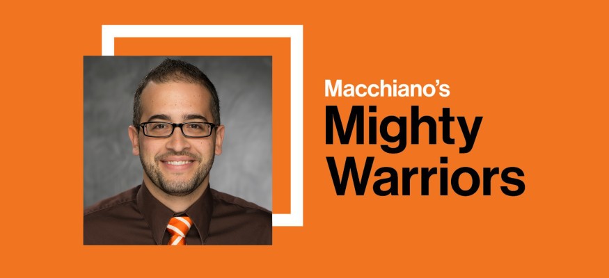 orange banner with square headshot and black and white text