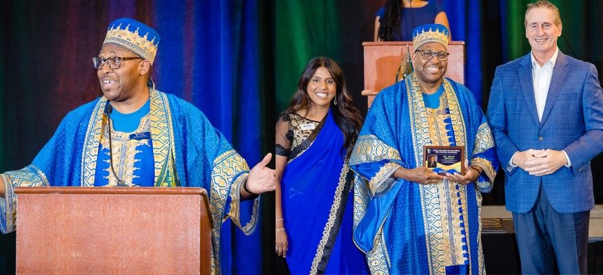 Two photos, one of Keith and one group photo with two men and a women