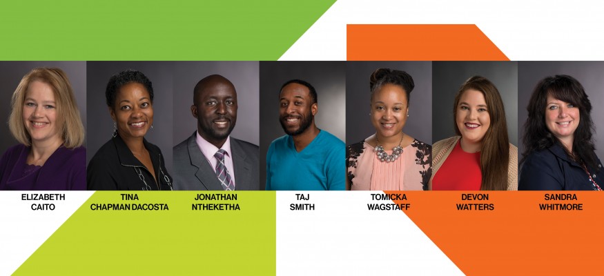 Green and orange shapes with headshots