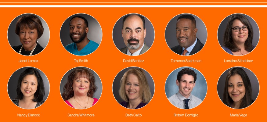 orange background with ten round headshots and white text