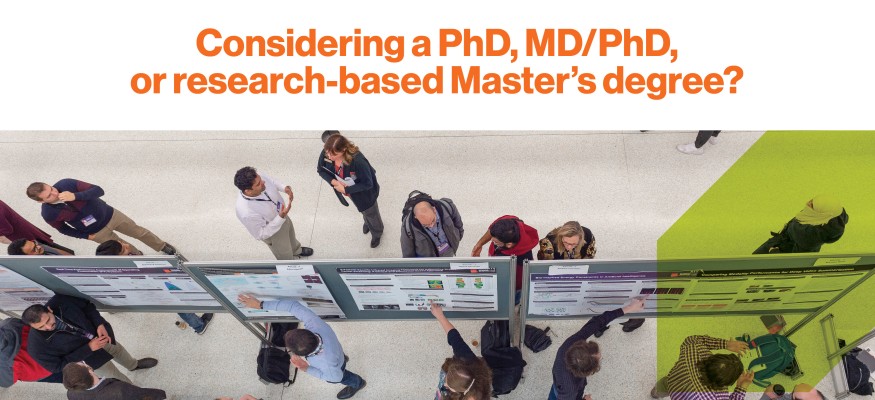 orange text with an image of people standing and a green shape overlay