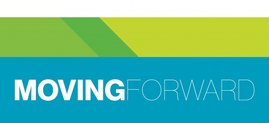 green and blue shapes with white text