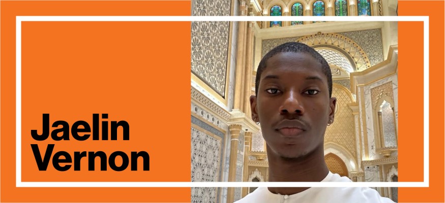 orange background with white bar around, black text on left side and headshot of man on the right side