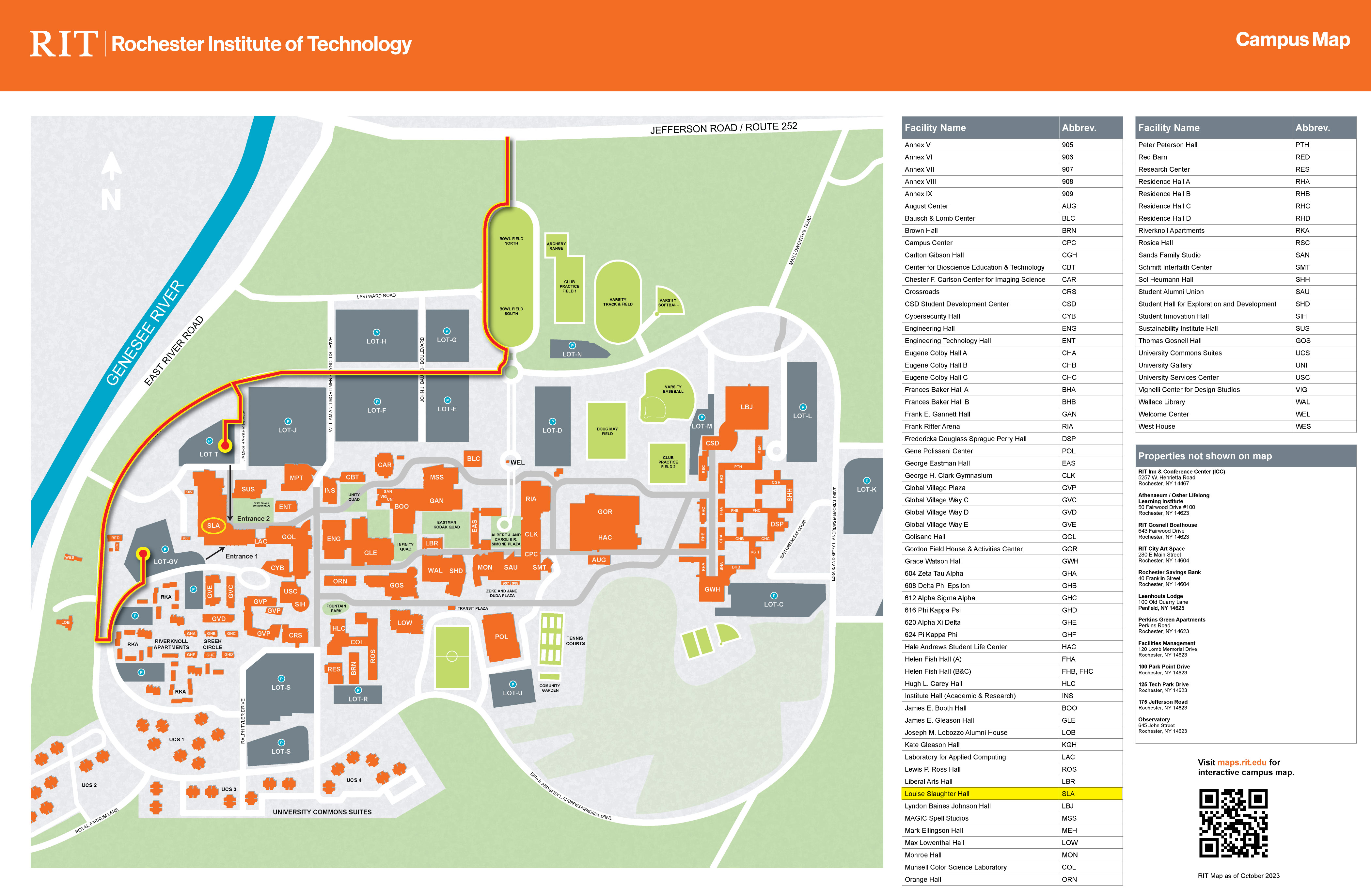 RIT campus map with route to Lot T highlighted