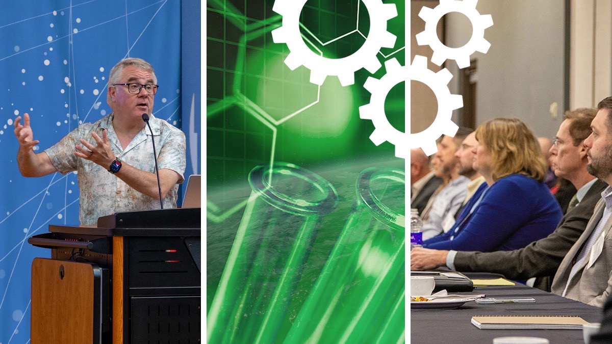 three images with man speaking at podium on left green chemistry illustration in center people at a table on right