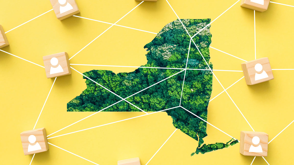 outline of new york state filled with green trees, on a yellow background, with wooden blocks with a white icon of a person, with the blocks interconnected with white lines